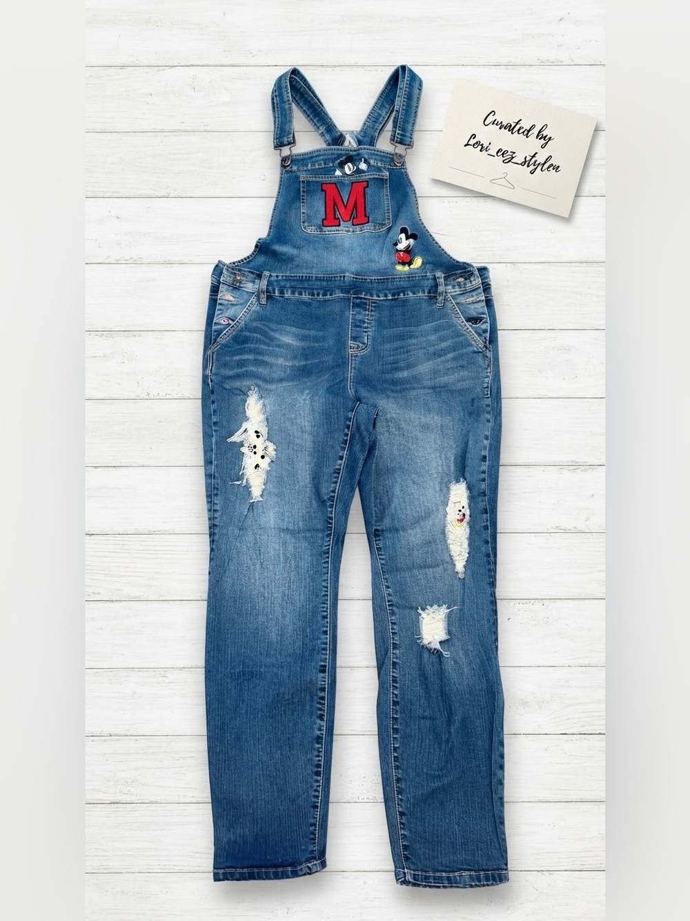 Disney Blue Denim Women's Overalls with Red 'M' Patch and Character Embroidery
